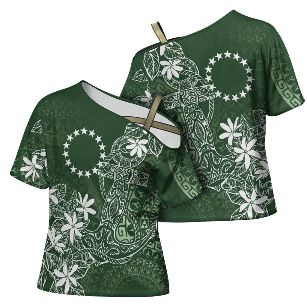 Sage Green Kuki Airani Tapakau Cross Shoulder Shirt Tribal Anchor Mix Tiare