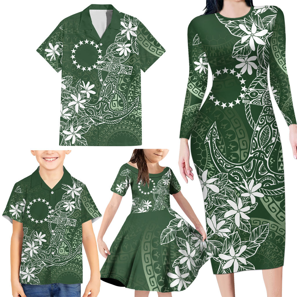 Sage Green Kuki Airani Tapakau Family Matching Long Sleeve Bodycon Dress and Hawaiian Shirt Tribal Anchor Mix Tiare
