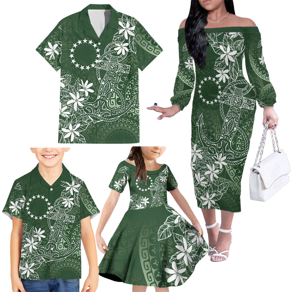 Sage Green Kuki Airani Tapakau Family Matching Off The Shoulder Long Sleeve Dress and Hawaiian Shirt Tribal Anchor Mix Tiare LT7 - Polynesian Pride