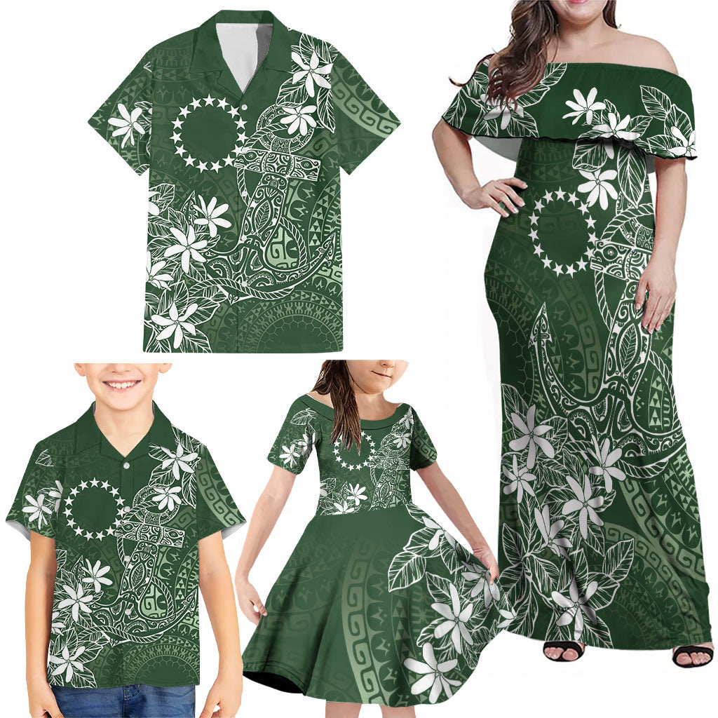 Sage Green Kuki Airani Tapakau Family Matching Off Shoulder Maxi Dress and Hawaiian Shirt Tribal Anchor Mix Tiare