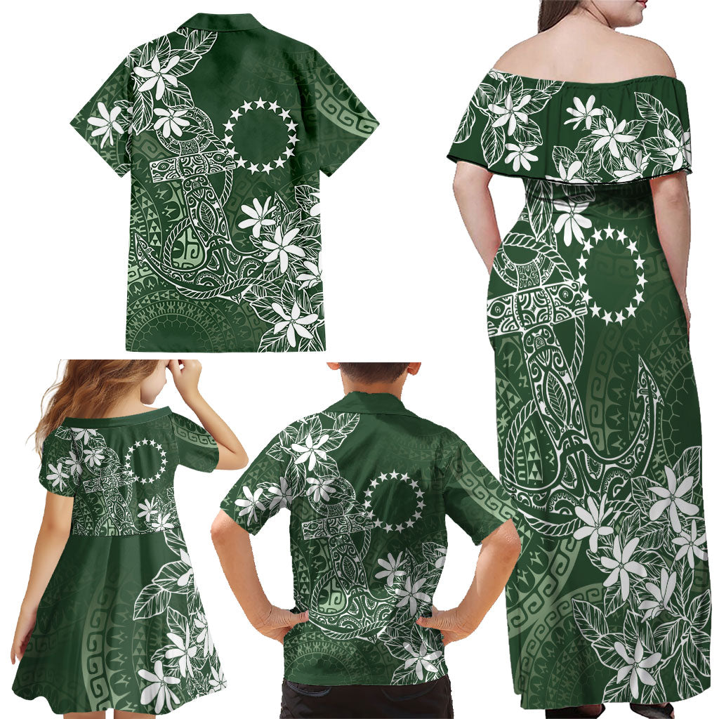 Sage Green Kuki Airani Tapakau Family Matching Off Shoulder Maxi Dress and Hawaiian Shirt Tribal Anchor Mix Tiare