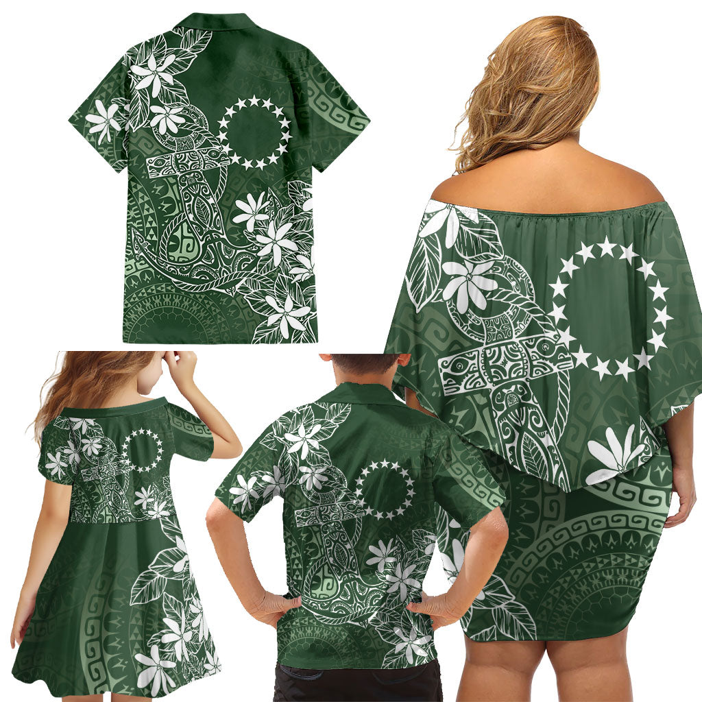Sage Green Kuki Airani Tapakau Family Matching Off Shoulder Short Dress and Hawaiian Shirt Tribal Anchor Mix Tiare