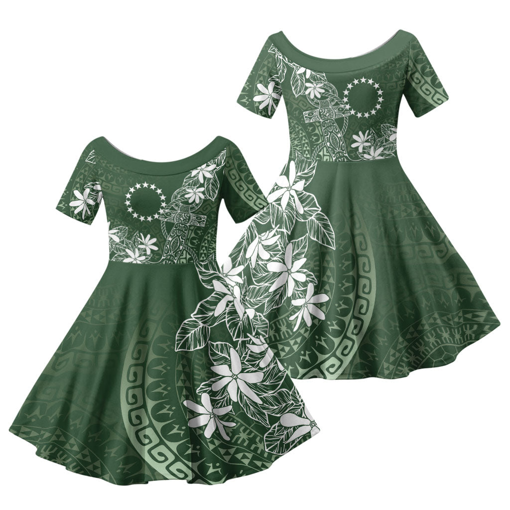 Sage Green Kuki Airani Tapakau Family Matching Puletasi and Hawaiian Shirt Tribal Anchor Mix Tiare LT7 Daughter's Dress Sage Green - Polynesian Pride