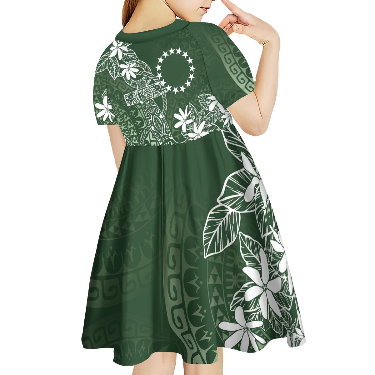 Sage Green Kuki Airani Tapakau Kid Short Sleeve Dress Tribal Anchor Mix Tiare