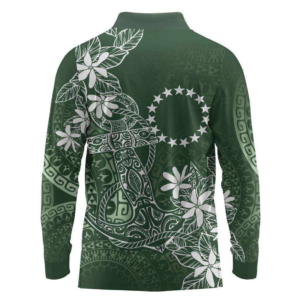 Sage Green Kuki Airani Tapakau Long Sleeve Polo Shirt Tribal Anchor Mix Tiare