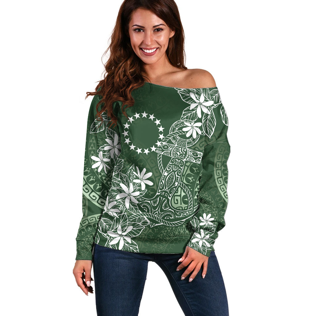 Sage Green Kuki Airani Tapakau Off Shoulder Sweater Tribal Anchor Mix Tiare LT7 Women Sage Green - Polynesian Pride