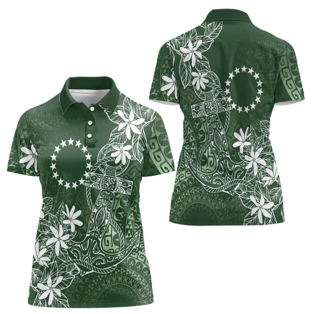 Sage Green Kuki Airani Tapakau Women Polo Shirt Tribal Anchor Mix Tiare
