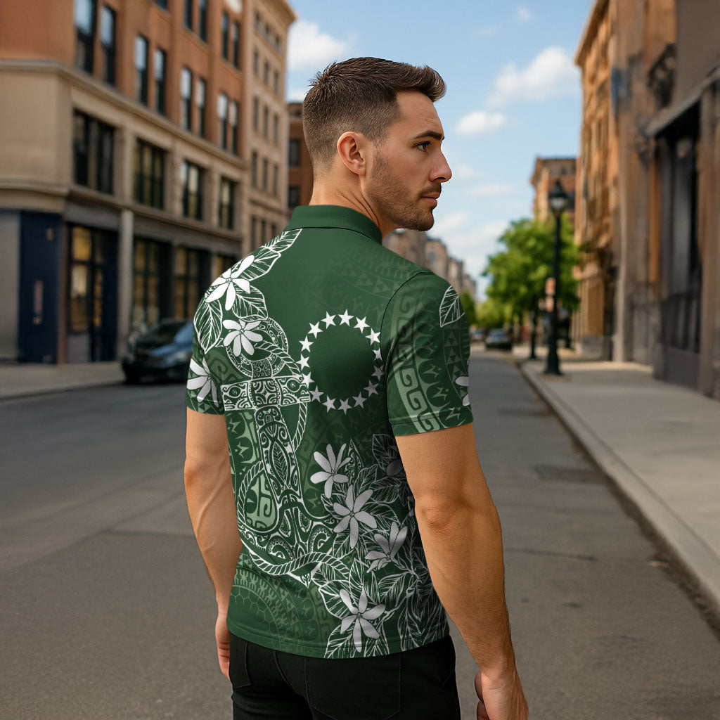 Sage Green Kuki Airani Tapakau Zipper Polo Shirt Tribal Anchor Mix Tiare