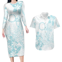 Turquoise Kuki Airani Tapakau Couples Matching Long Sleeve Bodycon Dress and Hawaiian Shirt Tribal Anchor Mix Tiare
