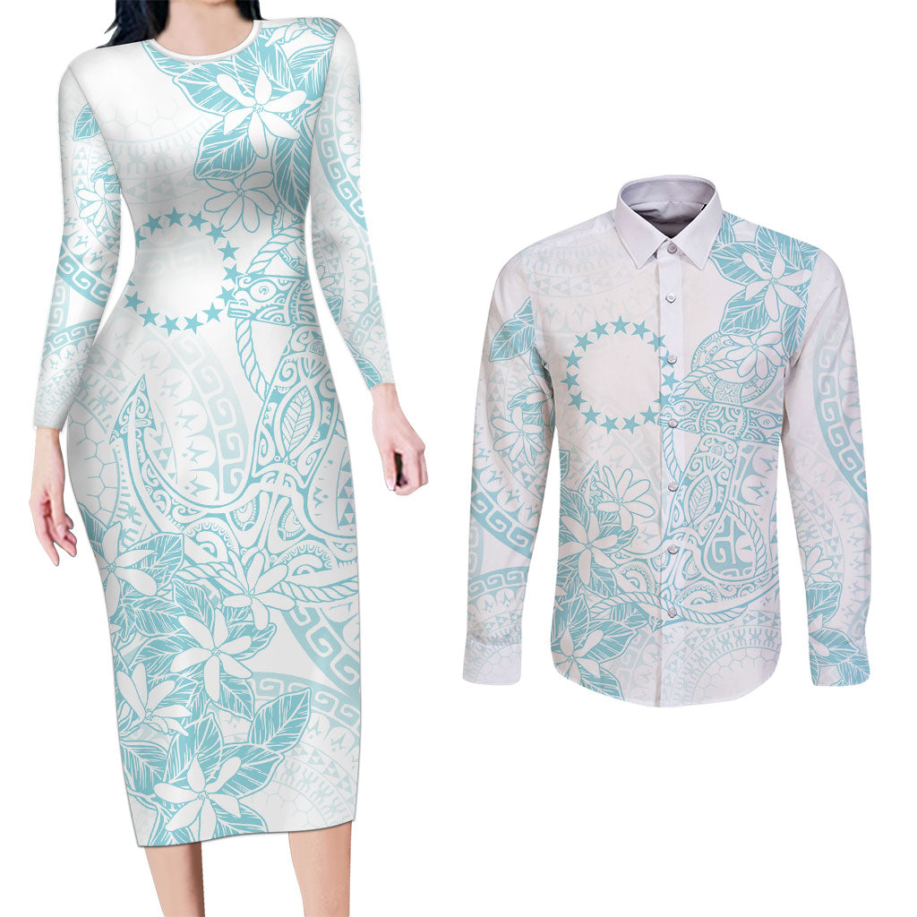 Turquoise Kuki Airani Tapakau Couples Matching Long Sleeve Bodycon Dress and Long Sleeve Button Shirt Tribal Anchor Mix Tiare