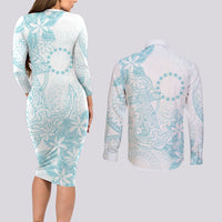 Turquoise Kuki Airani Tapakau Couples Matching Long Sleeve Bodycon Dress and Long Sleeve Button Shirt Tribal Anchor Mix Tiare