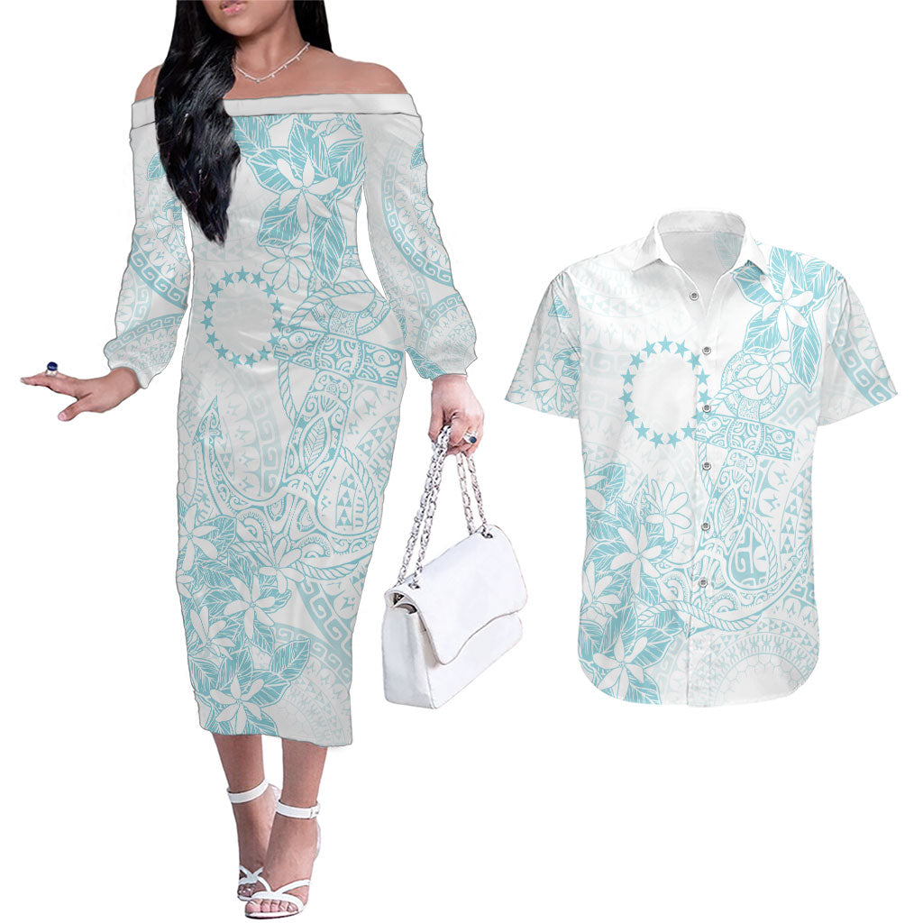 Turquoise Kuki Airani Tapakau Couples Matching Off The Shoulder Long Sleeve Dress and Hawaiian Shirt Tribal Anchor Mix Tiare