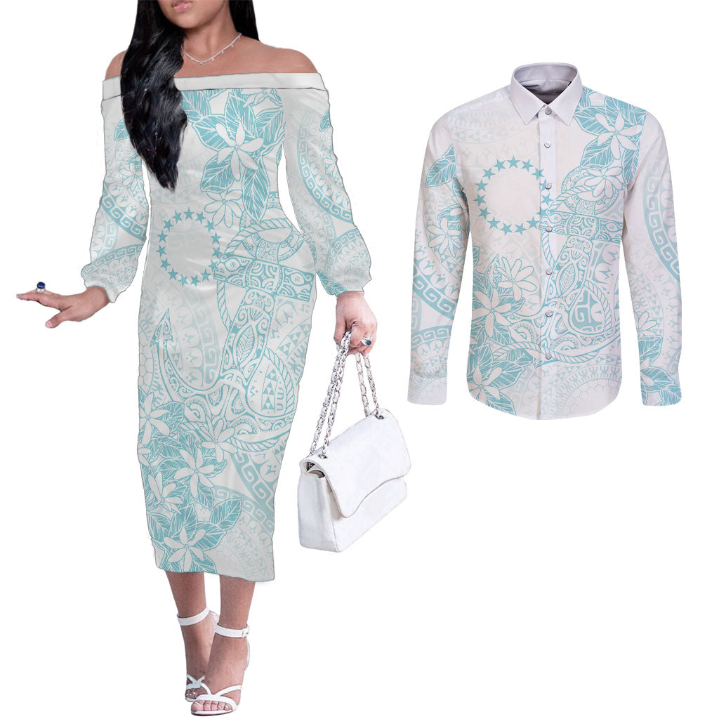 Turquoise Kuki Airani Tapakau Couples Matching Off The Shoulder Long Sleeve Dress and Long Sleeve Button Shirt Tribal Anchor Mix Tiare