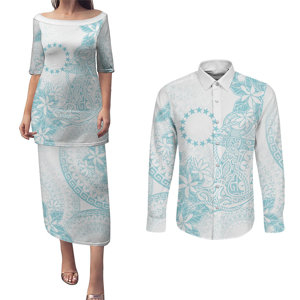 Turquoise Kuki Airani Tapakau Couples Matching Puletasi and Long Sleeve Button Shirt Tribal Anchor Mix Tiare LT7 Turquoise - Polynesian Pride