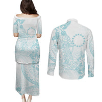 Turquoise Kuki Airani Tapakau Couples Matching Puletasi and Long Sleeve Button Shirt Tribal Anchor Mix Tiare