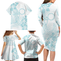 Turquoise Kuki Airani Tapakau Family Matching Long Sleeve Bodycon Dress and Hawaiian Shirt Tribal Anchor Mix Tiare