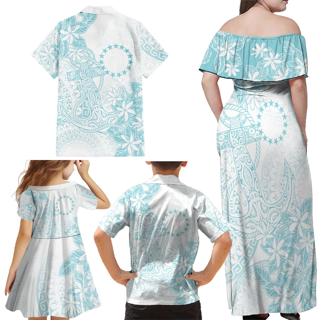 Turquoise Kuki Airani Tapakau Family Matching Off Shoulder Maxi Dress and Hawaiian Shirt Tribal Anchor Mix Tiare