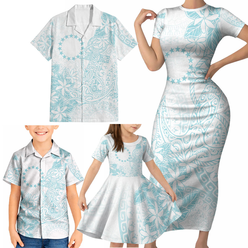 Turquoise Kuki Airani Tapakau Family Matching Short Sleeve Bodycon Dress and Hawaiian Shirt Tribal Anchor Mix Tiare LT7 - Polynesian Pride