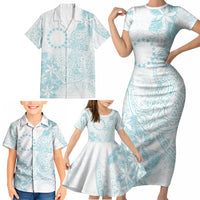 Turquoise Kuki Airani Tapakau Family Matching Short Sleeve Bodycon Dress and Hawaiian Shirt Tribal Anchor Mix Tiare LT7 - Polynesian Pride