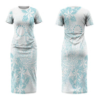 Turquoise Kuki Airani Tapakau Family Matching Short Sleeve Bodycon Dress and Hawaiian Shirt Tribal Anchor Mix Tiare LT7 Mom's Dress Turquoise - Polynesian Pride