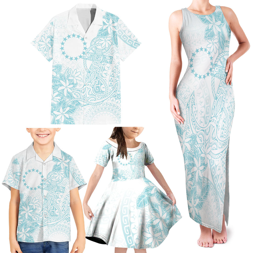 Turquoise Kuki Airani Tapakau Family Matching Tank Maxi Dress and Hawaiian Shirt Tribal Anchor Mix Tiare
