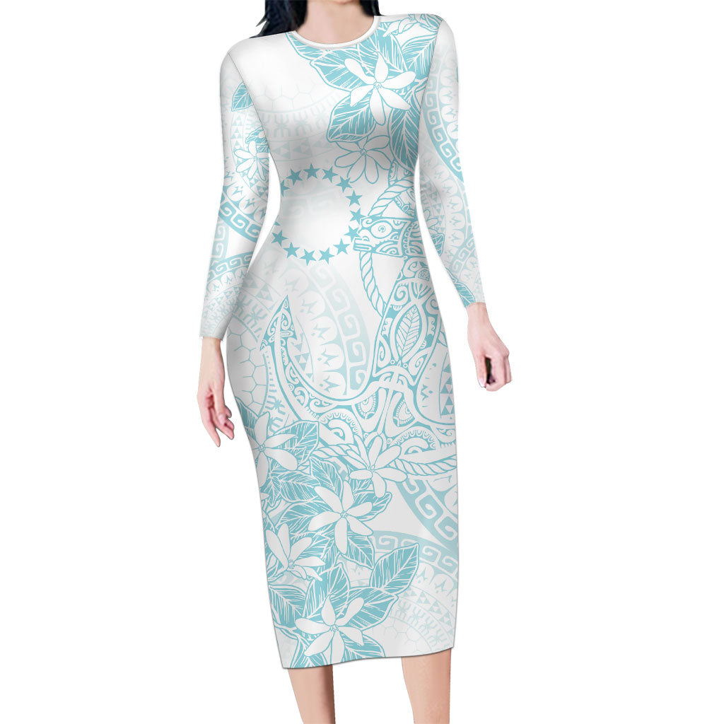 Turquoise Kuki Airani Tapakau Long Sleeve Bodycon Dress Tribal Anchor Mix Tiare LT7 Long Dress Turquoise - Polynesian Pride