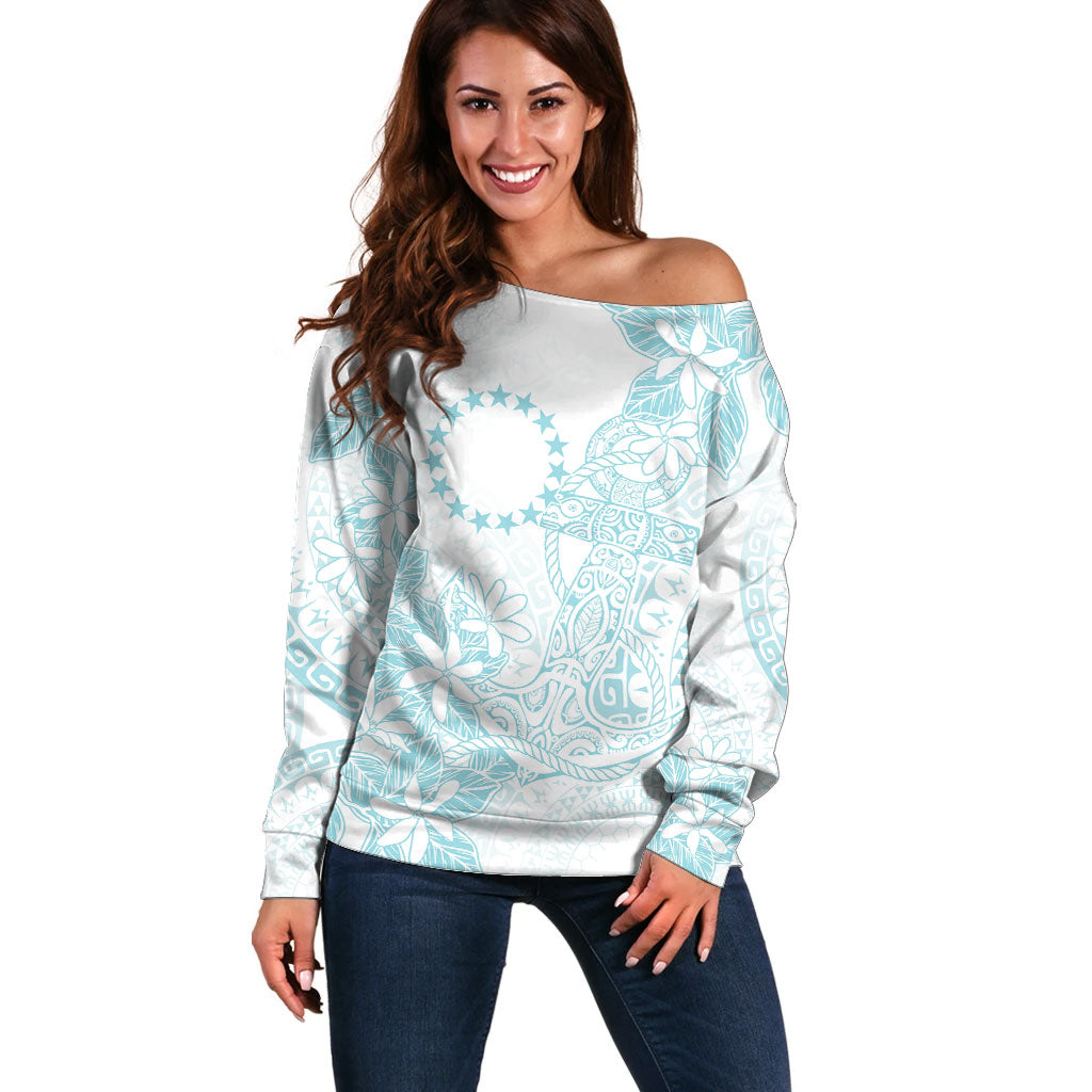 Turquoise Kuki Airani Tapakau Off Shoulder Sweater Tribal Anchor Mix Tiare LT7 Women Turquoise - Polynesian Pride