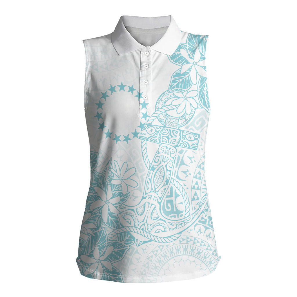 Turquoise Kuki Airani Tapakau Women Sleeveless Polo Shirt Tribal Anchor Mix Tiare