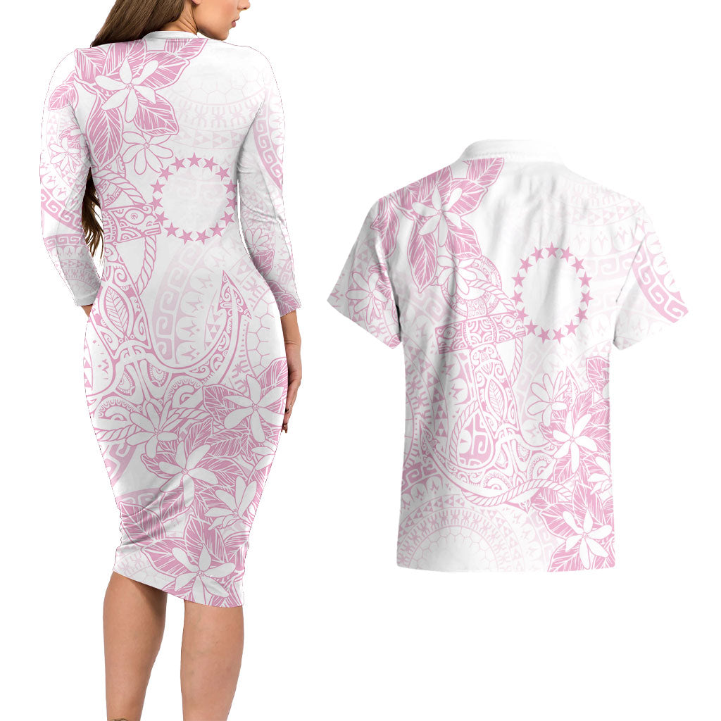 Candy Pink Kuki Airani Tapakau Couples Matching Long Sleeve Bodycon Dress and Hawaiian Shirt Tribal Anchor Mix Tiare