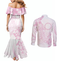 Candy Pink Kuki Airani Tapakau Couples Matching Mermaid Dress and Long Sleeve Button Shirt Tribal Anchor Mix Tiare
