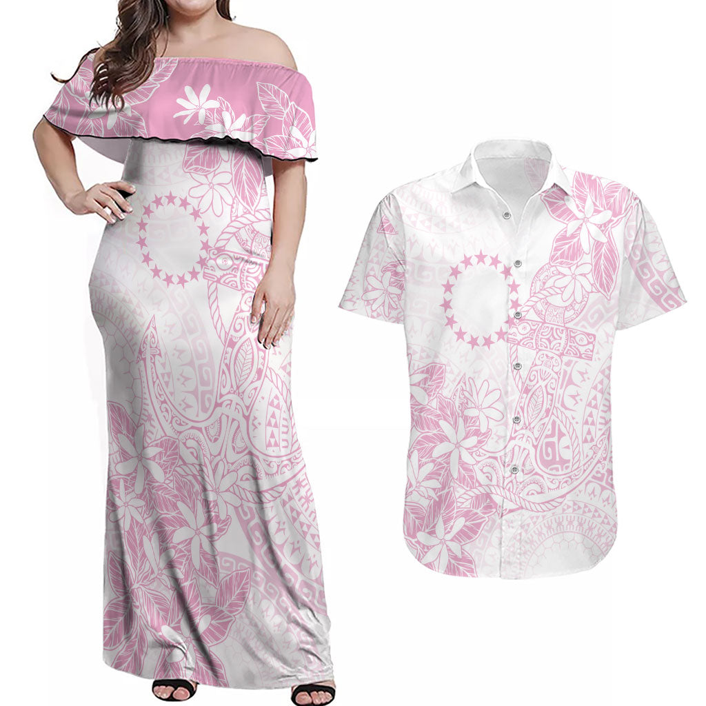 Candy Pink Kuki Airani Tapakau Couples Matching Off Shoulder Maxi Dress and Hawaiian Shirt Tribal Anchor Mix Tiare