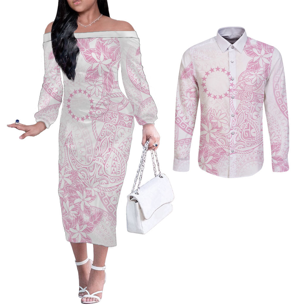 Candy Pink Kuki Airani Tapakau Couples Matching Off The Shoulder Long Sleeve Dress and Long Sleeve Button Shirt Tribal Anchor Mix Tiare