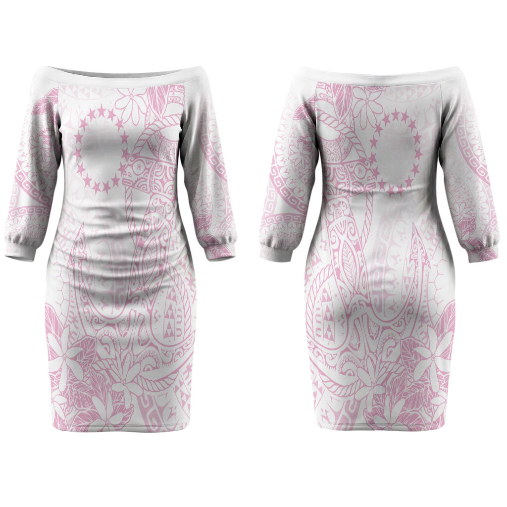 Candy Pink Kuki Airani Tapakau Couples Matching Off The Shoulder Long Sleeve Dress and Long Sleeve Button Shirt Tribal Anchor Mix Tiare LT7 - Polynesian Pride