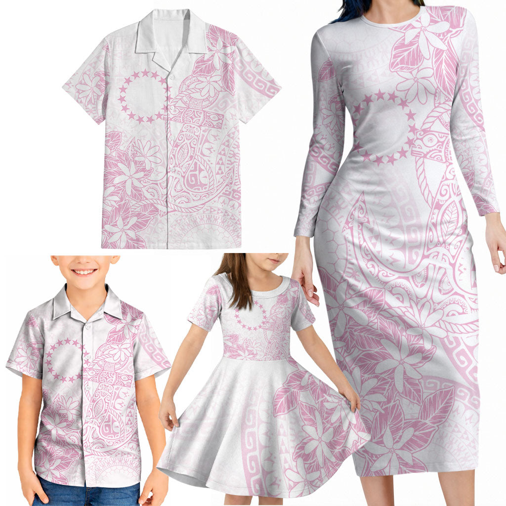 Candy Pink Kuki Airani Tapakau Family Matching Long Sleeve Bodycon Dress and Hawaiian Shirt Tribal Anchor Mix Tiare LT7 - Polynesian Pride