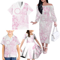 Candy Pink Kuki Airani Tapakau Family Matching Off The Shoulder Long Sleeve Dress and Hawaiian Shirt Tribal Anchor Mix Tiare