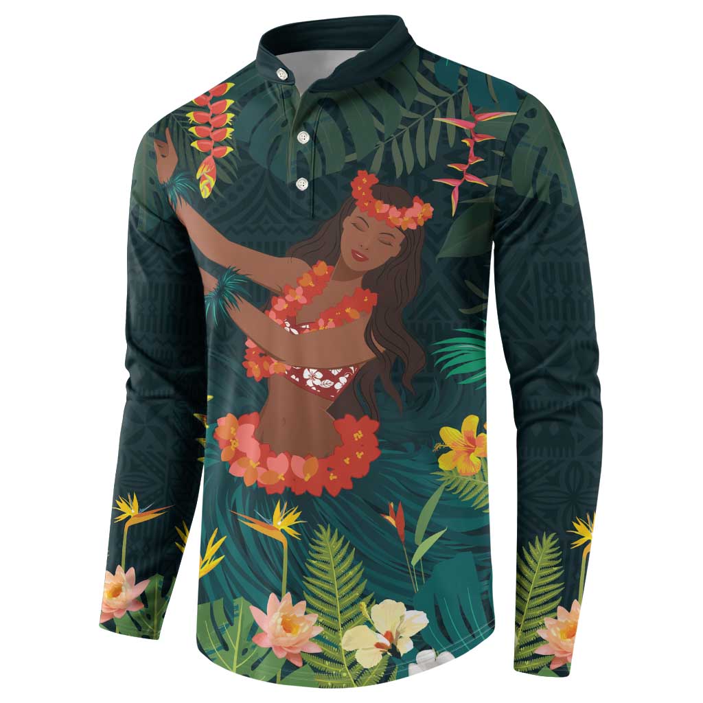 Hawaii Hula Girl Vintage Button Sweatshirt Tropical Forest