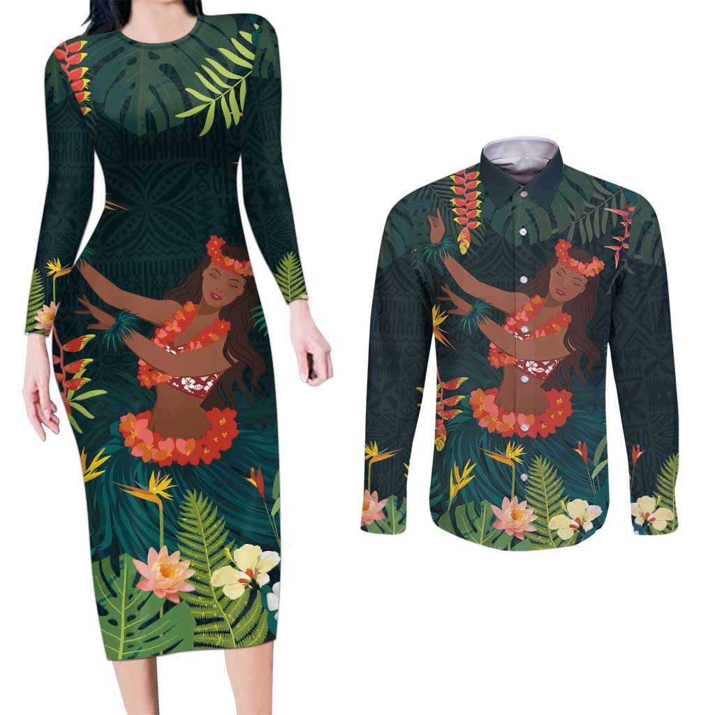 Hawaii Hula Girl Vintage Couples Matching Long Sleeve Bodycon Dress and Long Sleeve Button Shirt Tropical Forest