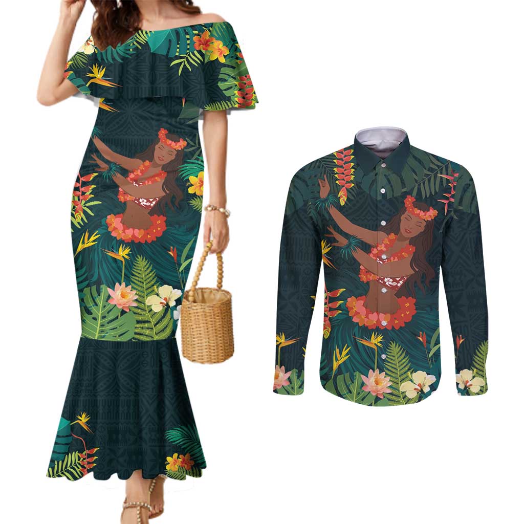 Hawaii Hula Girl Vintage Couples Matching Mermaid Dress and Long Sleeve Button Shirt Tropical Forest