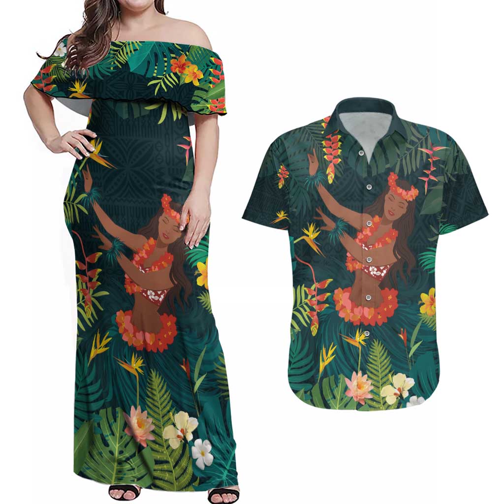 Hawaii Hula Girl Vintage Couples Matching Off Shoulder Maxi Dress and Hawaiian Shirt Tropical Forest