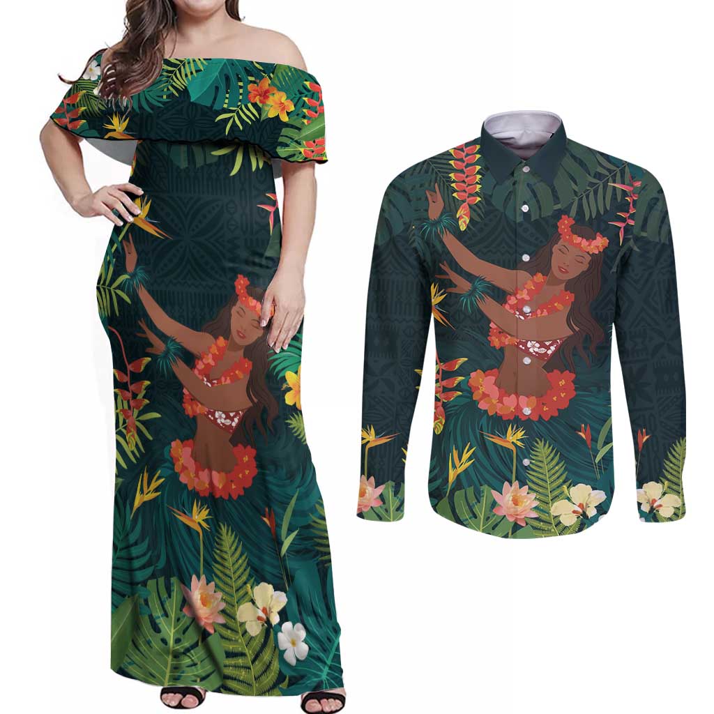 Hawaii Hula Girl Vintage Couples Matching Off Shoulder Maxi Dress and Long Sleeve Button Shirt Tropical Forest