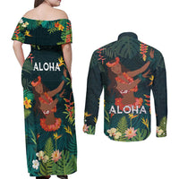 Hawaii Hula Girl Vintage Couples Matching Off Shoulder Maxi Dress and Long Sleeve Button Shirt Tropical Forest