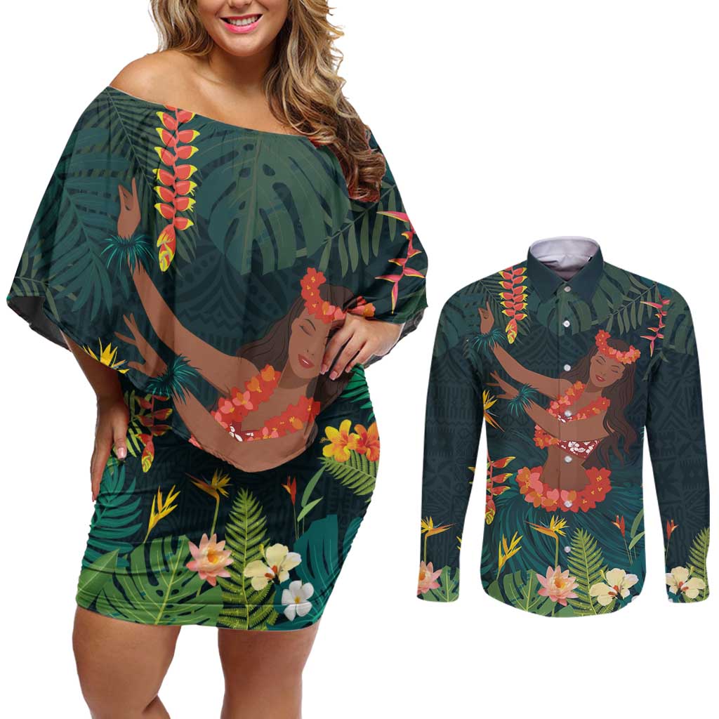 Hawaii Hula Girl Vintage Couples Matching Off Shoulder Short Dress and Long Sleeve Button Shirt Tropical Forest