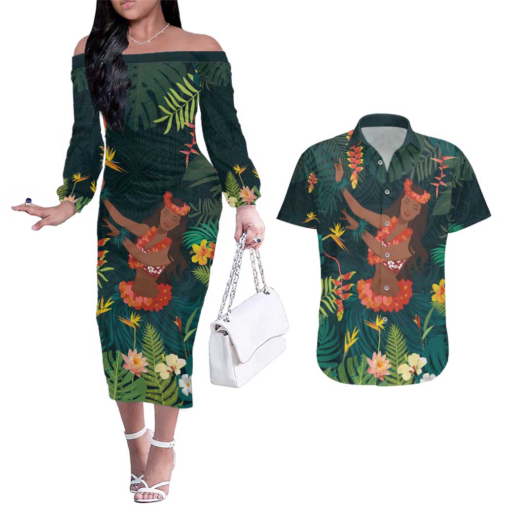 Hawaii Hula Girl Vintage Couples Matching Off The Shoulder Long Sleeve Dress and Hawaiian Shirt Tropical Forest