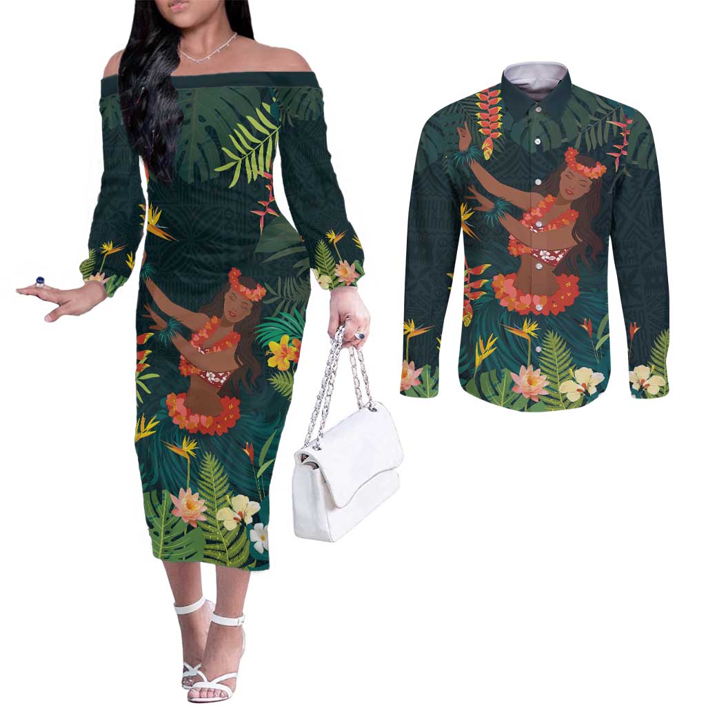 Hawaii Hula Girl Vintage Couples Matching Off The Shoulder Long Sleeve Dress and Long Sleeve Button Shirt Tropical Forest