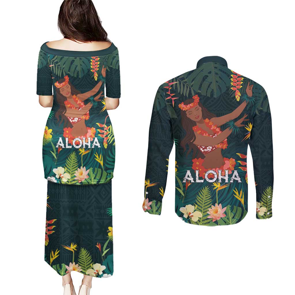 Hawaii Hula Girl Vintage Couples Matching Puletasi and Long Sleeve Button Shirt Tropical Forest