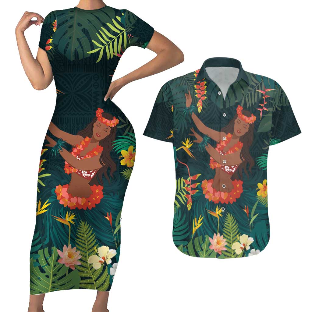 Hawaii Hula Girl Vintage Couples Matching Short Sleeve Bodycon Dress and Hawaiian Shirt Tropical Forest