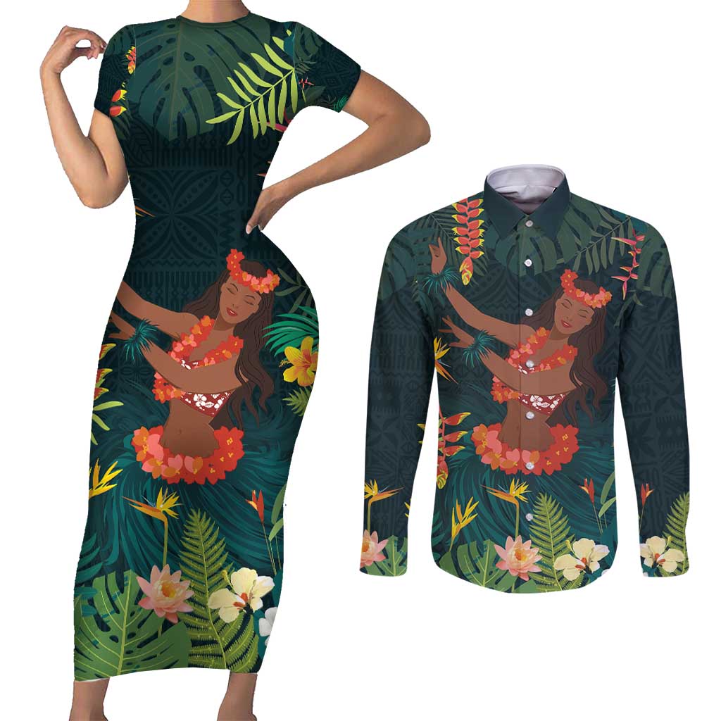 Hawaii Hula Girl Vintage Couples Matching Short Sleeve Bodycon Dress and Long Sleeve Button Shirt Tropical Forest