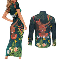 Hawaii Hula Girl Vintage Couples Matching Short Sleeve Bodycon Dress and Long Sleeve Button Shirt Tropical Forest