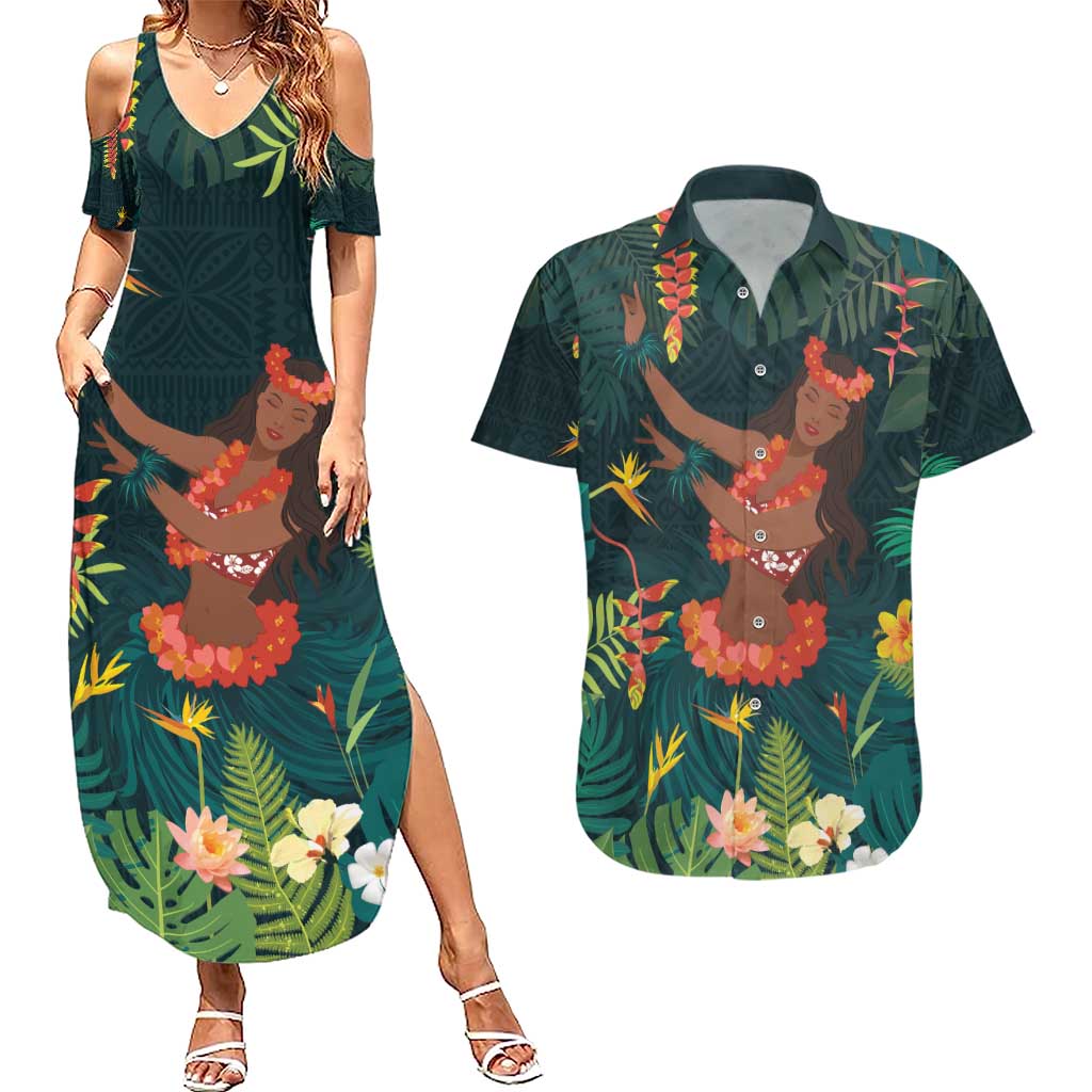 Hawaii Hula Girl Vintage Couples Matching Summer Maxi Dress and Hawaiian Shirt Tropical Forest