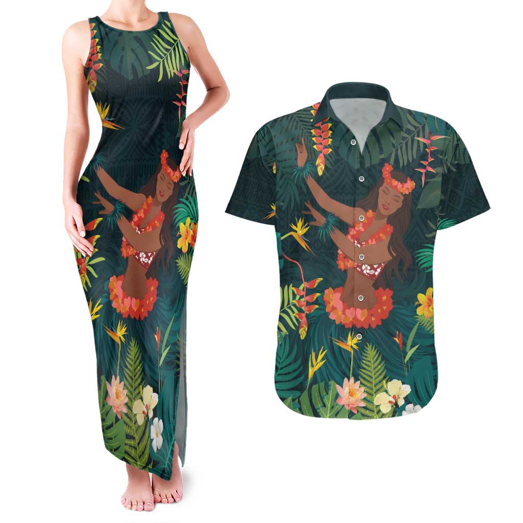 Hawaii Hula Girl Vintage Couples Matching Tank Maxi Dress and Hawaiian Shirt Tropical Forest